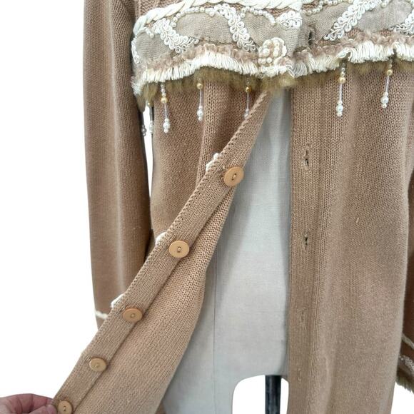 Storybook Knits Pearl Beaded Fur Trimmed Cardigan Sweater Tan Camel Size Small - Picture 5 of 14